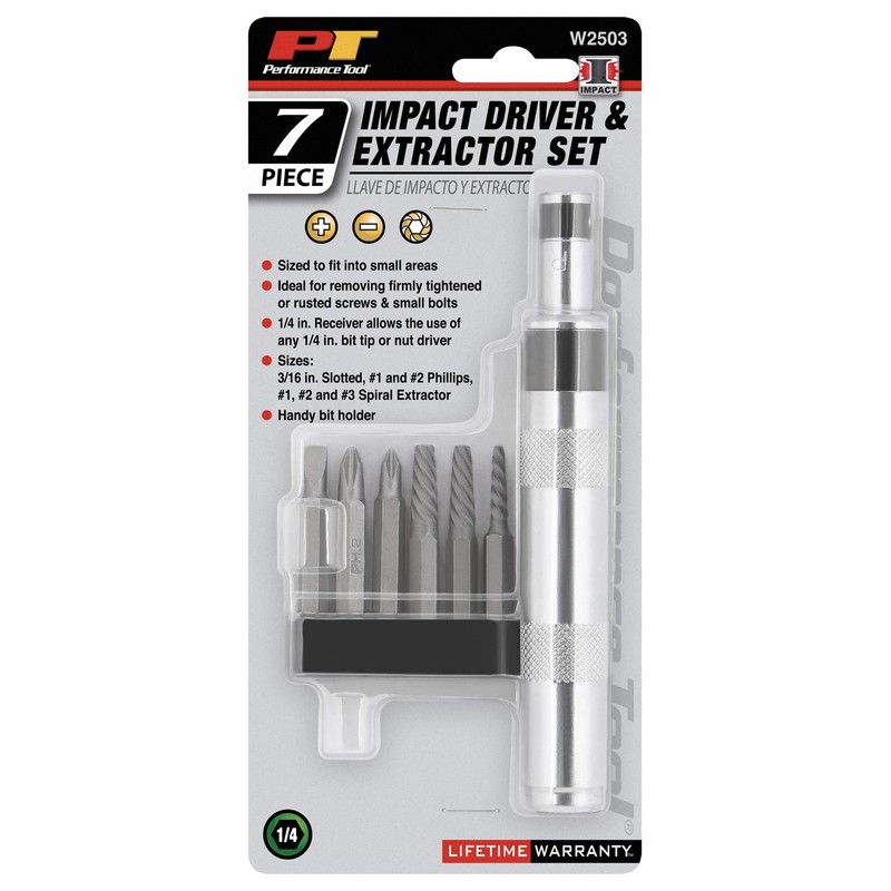 Performance Tool W2503 1/4" Impact Driver & Extractor And Bits