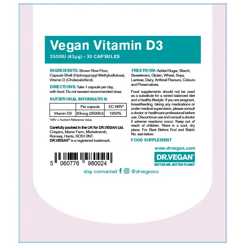 DR.VEGAN Daily Vitamin D3, 2500iu (63mcg) | 30 Vegan Capsules