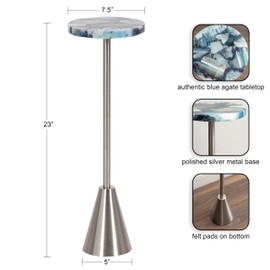 Kate and Laurel Sitara Modern Coastal Round Drink Table, 8 x 8 x 23, Blue Agate and Silver, Unique Circle Stone Mini Table for Use as Bathroom Accent Table or Pedestal Martini Tabl