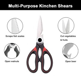 AIMALL Heavy-Duty Multi-Purpose Kitchen Scissors Shears, Stainless Steel Meat and Poultry Shears, Food Cooking Utility Scissors with Nut Cracker, Bottle Opener, Modern Design - Black and Red