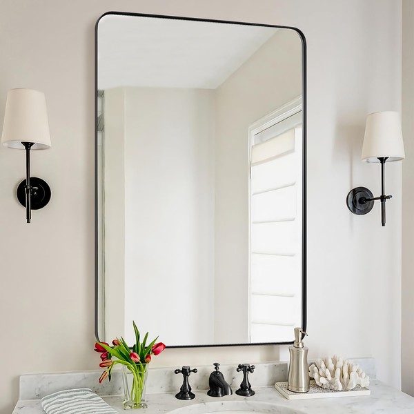 ANDY STAR Wall Mirror for Bathroom, 30"x40" Black Bathroom Mirror, Modern Rounded Rectangle Metal Frame Mirror for Vanity, Matte Stainless Steel
