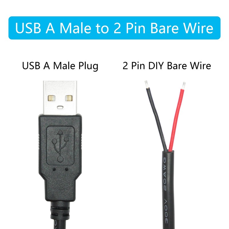 4Pcs USB A Male to 2 Pin Bare Wire 11inch,