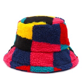 Multicolorrd Patchwork Colors Teddy Velvet Bucket Hat for Women Thick Solid Winter Warm Fuzzy Plush Fisherman Hat Wide Brim Sun Hat