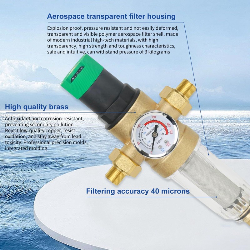 Backwash Filter, Pressure Regulator Water Filter with Pressure Gauge, Water