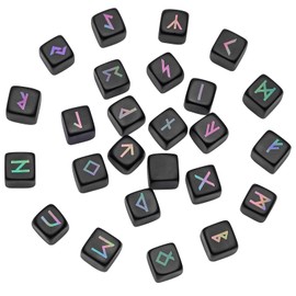 mookaitedecor Set of 25 Black Obsidian Crystal Rune Stones with Titanium Engraved Elder Futhark Alphabet Symbol for Meditation Divination Reiki Crystal Healing