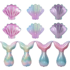 Finypa 10pcs Seashell Balloons - Mermaid Tail Helium Mylar Foil Balloons for Under The Sea Decorations, Baby Shower, Summer Beach, Mermaid Sea Theme Birthday Party Supplies