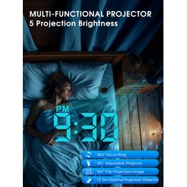 Mesqool Wecker mit Projektion für Schlafzimmer, Lauter Vibrationswecker für Hörgeschädigte & Gehörlose,180° Projektor,12/24H, Dimmer, Doppelalarm, 5 Stufen Alarmlautstärke, Große Schlummertaste, Blau