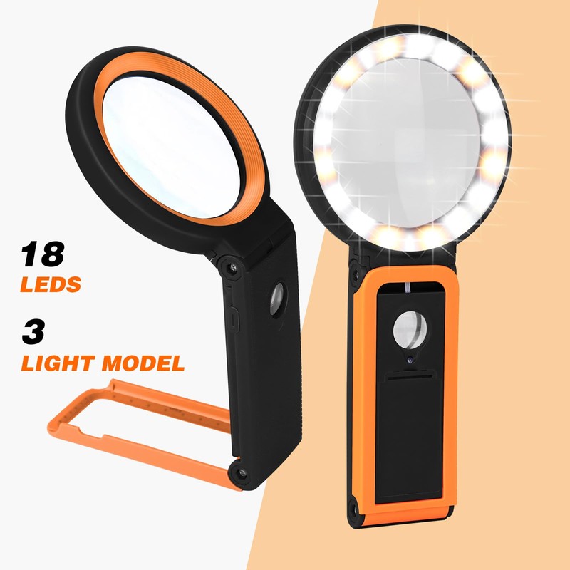 KIBTOY Magnifying Glass with Light and Stand, Foldable Handheld Magnifying