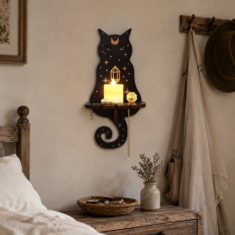 Cat Wall Shelf for Candle & Small Item Display –