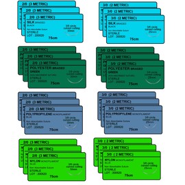 24 PK Mixed Training Sutures Thread with Needle Non-Absorbable: Nylon, Silk, Polyester, Polypropylene) - Wound Student Training Kit, Emergency First Aid Demo (2-0, 3-0,)
