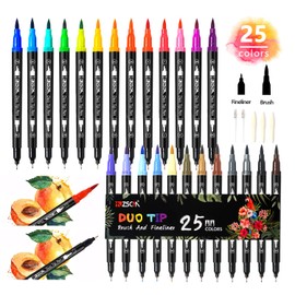 ZSCM Brush Pens, 25 Colours, with Watercolour Marker, Fine Tip, Fineliner for Adults, Colouring Books, Bullet Journal, Calligraphy and Drawings, Illustrations, Sketches