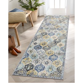 Lahome Moroccan Hallway Runner Rug - 2'5''x8' Ultra-Thin Vintage Washable Rug Runner Oriental Rug Non-Slip Kitchen Runner Indoor Throw Carpet for Entryway Bedroom Laundry Room(2'5''x8',Yellow/Aqua)