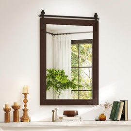 CHARMAID Farmhouse Wall Mirror, 36" x 24" Barn Door Style Wall Mounted Mirror for Vanity, Solid Wood Frame, Metal Bracket, Rustic Wall Decor for Living Room Entryway, Vertical Mirror, Walnut