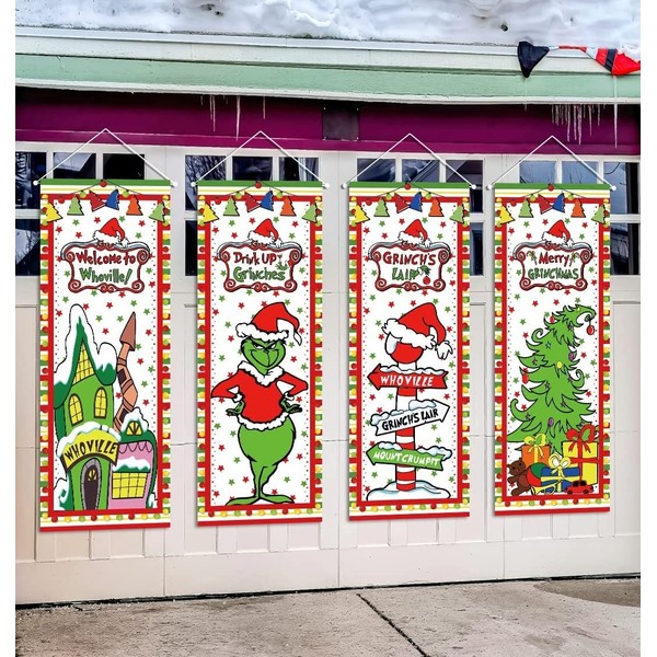 Grinch Christmas Decorations 4PCS Welcome To Whoville Vinyl Poster Door Covers Backdrop Merry Grinchmas Wall Art Hanging Banner for New Year Indoor Outside Garage Door