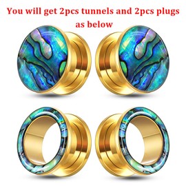 BOKABOO 2 Pairs Abalone Pearl Shell Stainless Steel Ear Gauges Plugs and Tunnels, 3/4 Gauges for Ears, Gold Surgical Steel Ear Stretcher Expander Body Jewelry