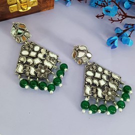 Efulgenz Indian Oxidized Jewelry for Navratri Crystal Glass Stone Earrings Faux Pearl Beads Dangle Chandelier Earring Set Indian Oxidized Jewelry for Women Green