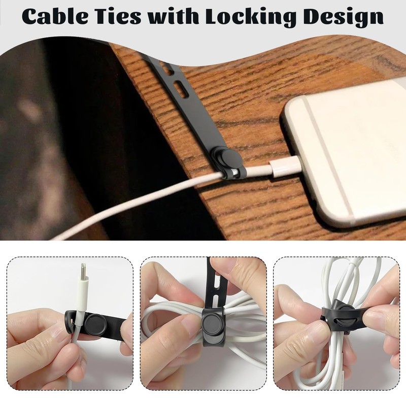 10 Stück Kabelbinder | Schwarze Silikon-Kabelbinder | Kabel-Organizer | Wiederverwendbare