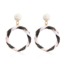 JDONL Boho Raffia Big Hoop Dangle Earrings Twisted Statement Rattan Round Geometric Earrings For Summer Beach Vacation (Black White)
