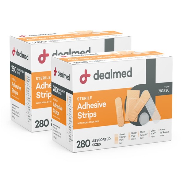 Dealmed Adhesive Bandage Assorted Variety Pack (560 Count) Sterile Breathable First Aid Strips with Non-Stick Pad for Wound Care, 280/Box (2 Pack)