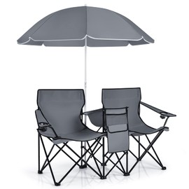 MAT EXPERT Folding Double Camp Chair w/Removable Umbrella, Portable Picnic Chair w/Mini Table, Chair Set w/Beverage Holder, Portable Loveseat Camp Chairs for Beach, Backyard, Poolside (Gray)