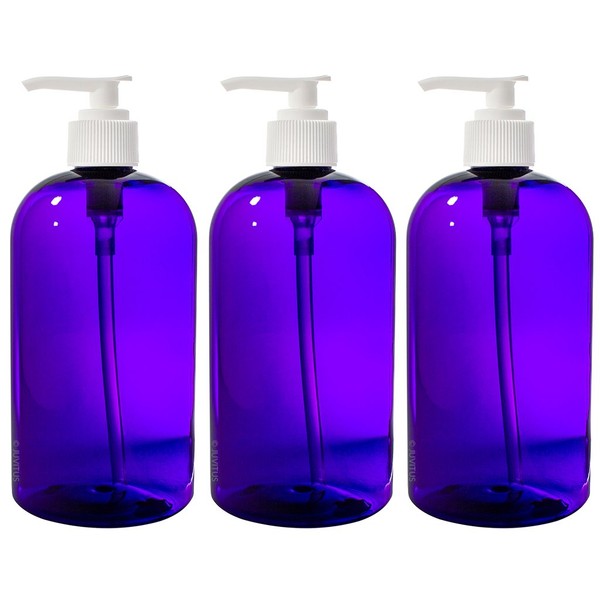 Purple 16 oz Boston Round PET Plastic Bottles (BPA Free) with White Lotion Dispenser Pump (3 pack) + Labels