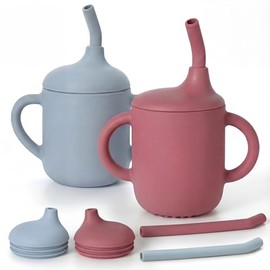 2PCS Vaso Entrenador para Niño con Popote y Asas, 120ml Vaso Entrenador Antiderrames, Autobloqueo, Silicona de Calidad, Libre de BPA No Tóxico (Azul/Rojo)
