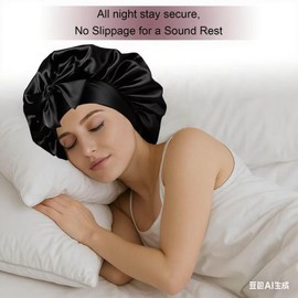 Silk Bonnet for Women, Satin Bonnet for Sleeping, Large Sleep Cap with Elastic Tie Band for Curly Hair (Black)