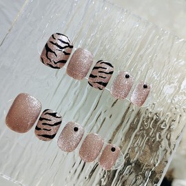 24 PCS Crystal Fake Nails Cat's Eye False Nails Leopard Print False Nails Polka Dot Fake Nails Full Cover Toe Nails Daily Decorative Art for Women and Girls (Short)