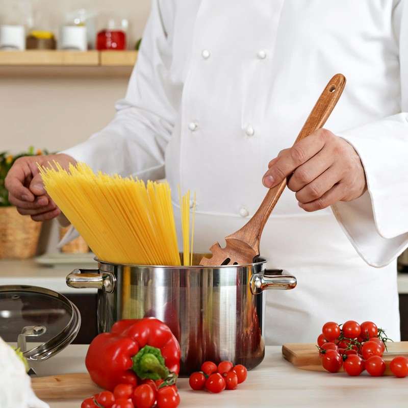 Wooden Pasta Spaghetti Spoon with Teeth, Teak Slotted Pasta Spaghetti
