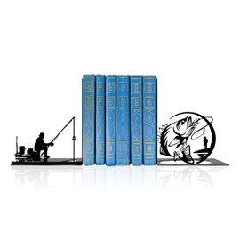 Fishing Decorative Bookends - Man Fishing Design Metal Book Ends for Shelves, Unique Fishing Decor for Boys Room, Cute Book Ends as Fishing Gifts for Men