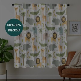 MESHELLY Baby Safari Animals Blackout Curtains 52Wx63H Inch for Boy Bedroom Grommet Pair Kids Woodland Jungle Forest Lion Elephant Art Printed Curtains for Nursery Living Room Window Treatment Fabric