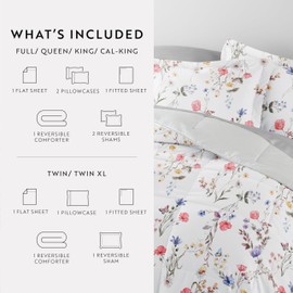 Merit Linens Bedding Bundle, Patterned Microfiber Comforter Set and Solid Sheet Set - King Pink