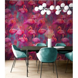 Bright Pink Flamingos Wallpaper - Modern Painting Wall Decor. Miami Vibes, Tropical Beach Theme Home Decor. Chic Accent Living Room. #6581