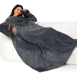 Winthome Portable Cuddly Blanket with Sleeves, Extra Soft TV Blanket, Sleeve Blanket, Lounge Blanket, Portable Full Body Blanket with Sleeves, Super Gift (Grey, 140 x 170 cm)