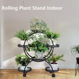 unho Metal Plant Stand 6-Potted: Flower Pot Holder with Wheels 4 Tier Display Shelf Rack for Patio Balcony Yard Garden Home Decor, White
