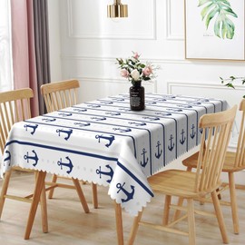 TTQYFNM 60x120inches Nautical Rectangle Tablecloth Navy Blue White Striped Anchor Decorative Table Cloth Waterproof Fabric Table Cover for Kitchen Dining Room Patio Summer Holiday Party Supplies
