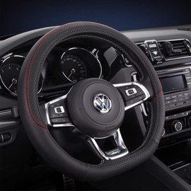 D Shaped Steering Wheel Cover, Breathable PU Leather Microfiber Sport Style Anti-Slip Flat Bottom Car Steering Wheel Protector Cover Fit 14.5-15 Inch, For Men Women(Black-Red)