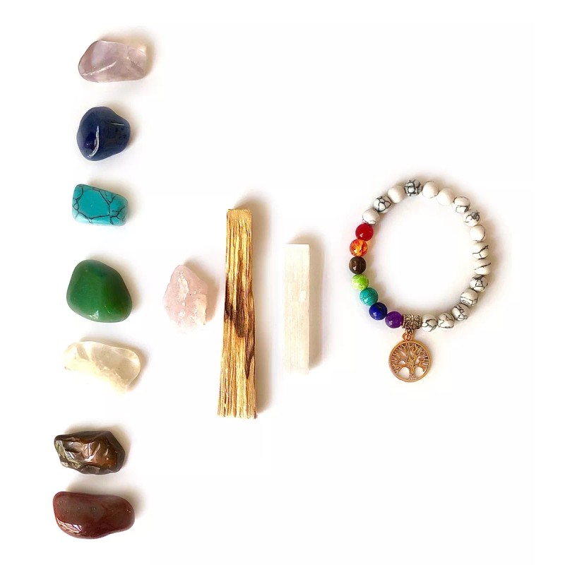 Satnam Kit Cuarzos 7 Chakras, Barra Selenita, Pulsera Y Palo