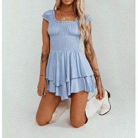 R.Vivimos Mini vestidos de verano de algodón con mangas abullonadas y volantes en capas, estilo casual, estilo bohemio, Azul / Patchwork, XL