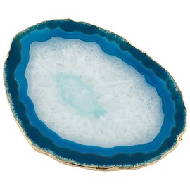mookaitedecor Set of 2 Blue Crystal Agate Slice Coasters for Drinks, Gold Edged Coasters Semi Precious Stone Geode Coaster Quartz Cup Mats, 3.1-3.9 Inch