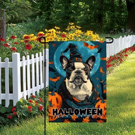 BlissYard Fall Halloween Garden Flag 12x18 Inch French Bulldog Witch Dog Banner for Outdoor Yard Decor spooky Pumpkin House Welcome Sign on Lawn Seasonal Double Sided Display