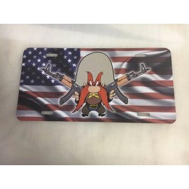Yosemite Sam AK47 AK-47 Vehicle License Plate, Front Auto Tag American Flag 1776