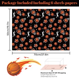 Basketball Wrapping Paper for Boys Girls Kids,6 Sheets Sports Basketball Theme Design Blcak Birthday Christmas Paper Folded Flat 20x28 inches per Sheet for Birthday Party Baby Shower