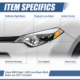 Auto Dynasty 2Pcs Chrome Housing Amber Corner LED Projector Headlight Assembly Lamp Compatible with Toyota Corolla Sedan 14-16