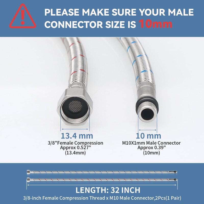 Homevacious 32-Inch Long Stainless Steel Supply Lines 3/8-Inch Female Compression