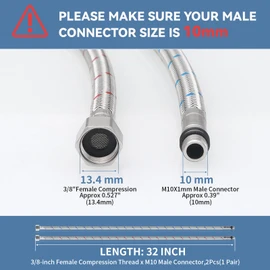 Homevacious 32-Inch Long Stainless Steel Supply Lines 3/8-Inch Female Compression Thread x M10 Male Connector 2 Pcs (1 Pair) Bathroom Kitchen Faucet Connector Braided Supply Hose