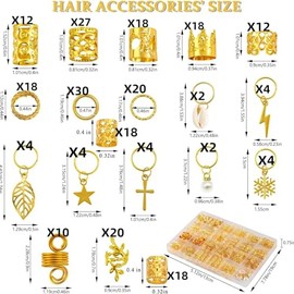 Gold Hair Accessories Set, 245 Pieces, Metal Braid Beads Cuffs Charms Rings, Decorative Hair Jewelry with Snowflake Star Cross Pearl Pendants, Festiva