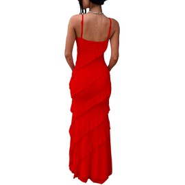 HOCILLE Women's Sexy V Neck Backless Bodycon Spaghetti Strap Elegant Ruffle Maxi Cocktail Party Dresses, Medium, Red