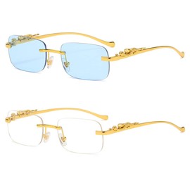 Heptagram Trendy Rimless Sunglasses for Women Men Vintage Fashion Retro Y2K Small Tinted Frameless 70s Sun Glasses (2 Pcs-Transparent+Gradient Blue)