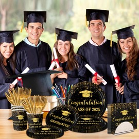 Decoraciones de graduación 2025 platos y servilletas de fiesta de graduación de color negro y dorado, vajilla desechable de clase de 2025 para decoración de fiesta de graduación de la escuela